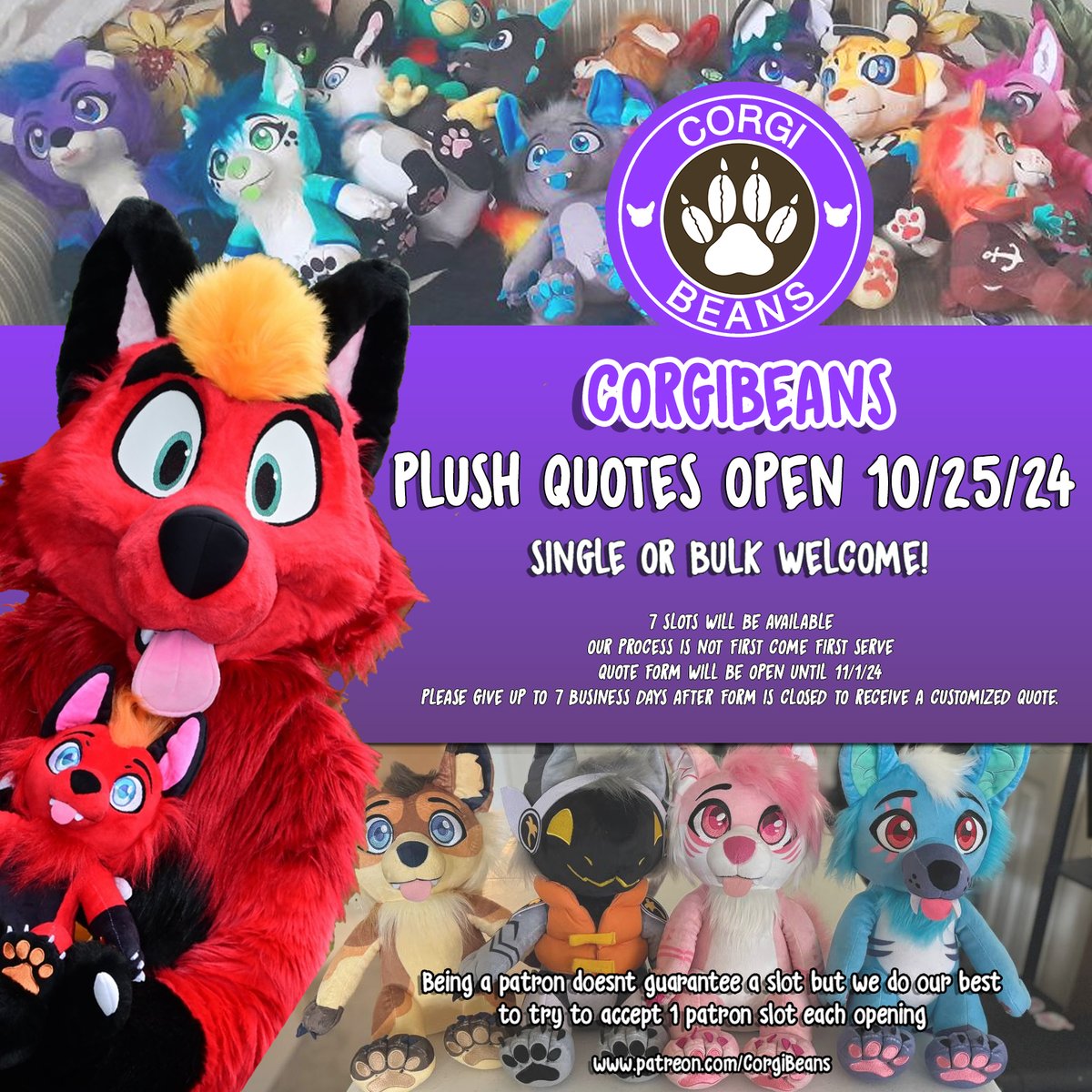 BuildAFur's tweet image. The plush quote form will be live on 10/25/24
Next opening after this one may be a while from now
Stay tuned for more news!
#furry #furryplush #plushdesigner #fursonaplush #designedplush #bulkplush #fursuit #fursuitfriday #corgibeans #corgibeansplushies #corgibeansplush…