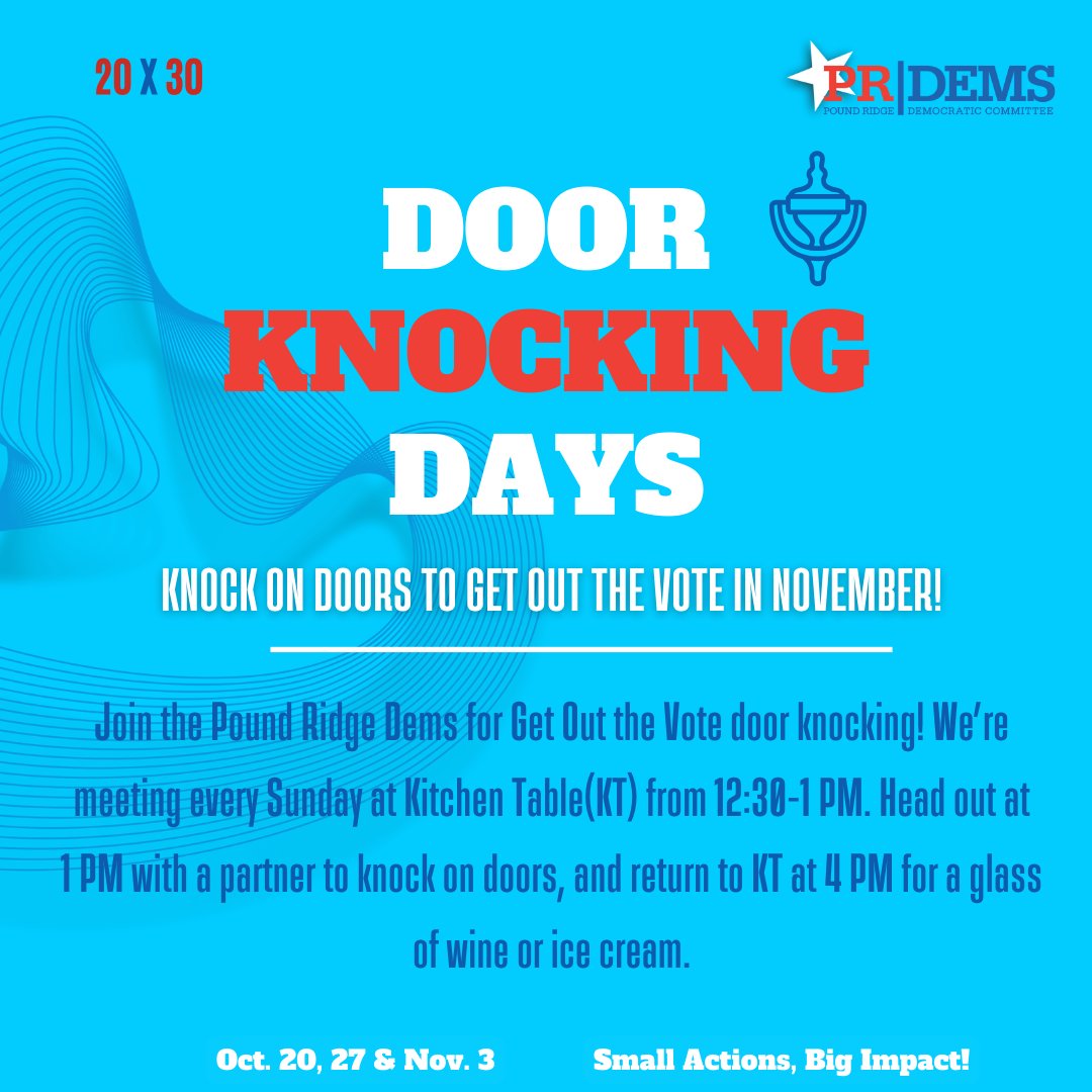 prdems's tweet photo. Join us this Sunday 10/20!
Meet at the Kitchen Table between 12:30 PM and 12:45 PM to pick up materials and find a partner then depart for door-knocking at 1:00 PM.
Return back to the Kitchen Table for a door-knocking debrief over wine & ice cream at 4 PM!
#poundridge
#prdems https://t.co/6SI2BtTY2z