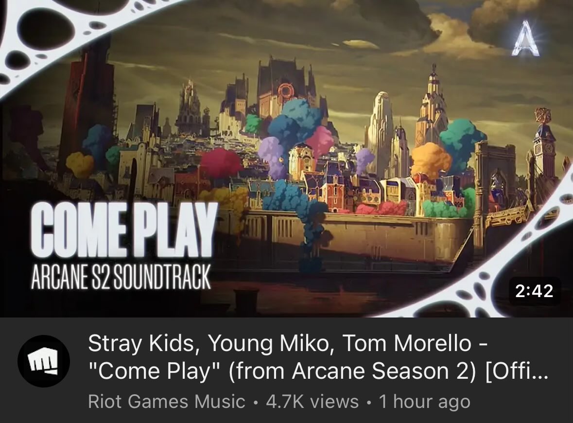 skzchartdata's tweet photo. 📹 @Stray_Kids, Young Miko, Tom Morello - #ComePlay (#Arcane S2) [Official Visualizer] 

STAYs, Riot Games Music have released a visualizer for Come Play! Make sure to give it a watch!

🔗: https://t.co/RzpyTeMTBN

STRAY KIDS COME TO PLAY
#StrayKids_Arcane_OST 
#스키즈X아케인_ComePlay