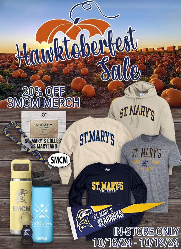 Fly on by this weekend 10/18-10/19 for the Campus Store’s Hawktoberfest Sale! 🦅🎃 Swoop up 20% off all St. Mary’s Merch and Insignia!