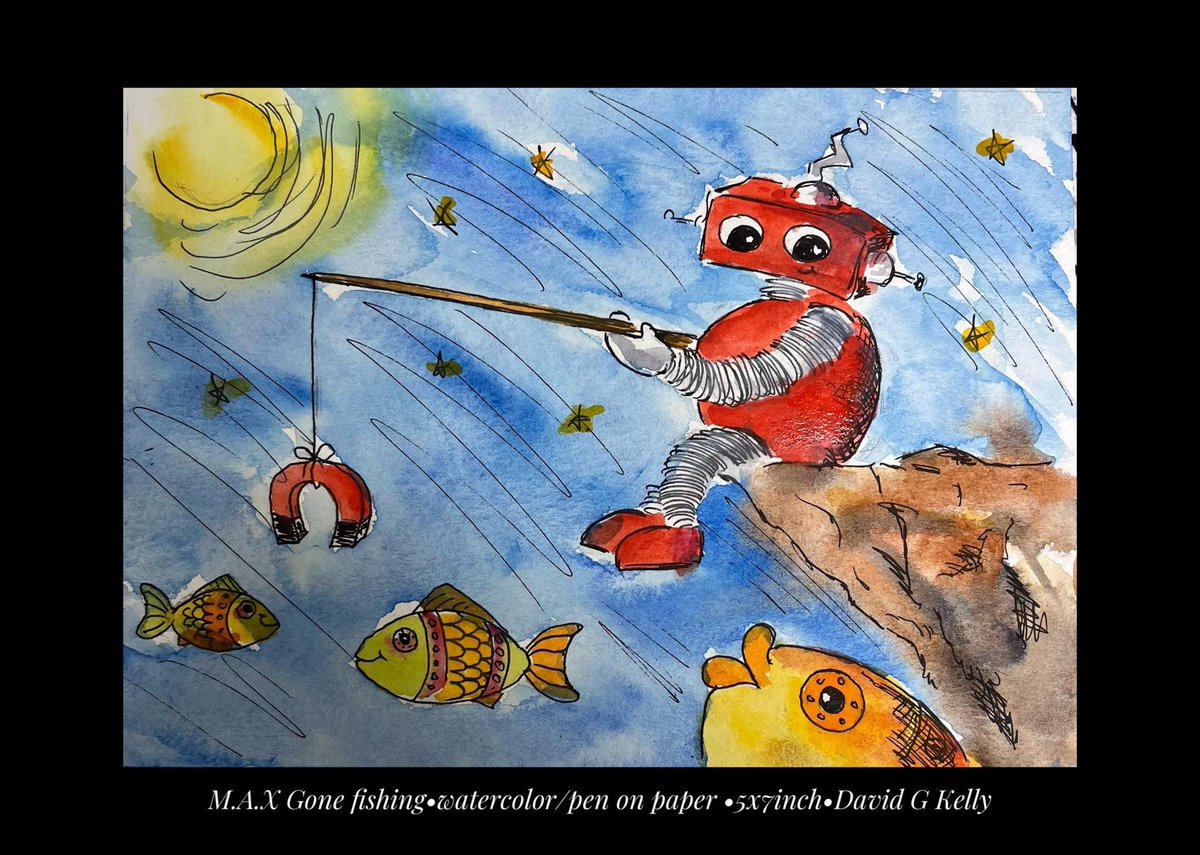 MerseyRiverLad's tweet image. MAX has gone fishing. A lovely piece to brighten up any room, child or adult.  @danielsmithartistsmaterials watercolors on @cansonpaper acid free. Bright cheerful and just the right size 5x7inch unframed. Head over to my Etsy shop, he’s waiting for you there😊 #redrobot #saltlife