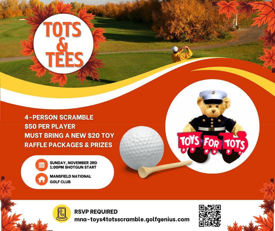 🎄🏌️‍♂️ Join us for a 4-Person Scramble on Nov 3rd to benefit Toys for Tots! ⛳️
🏆 Raffle prizes, swag &amp; holiday fun! 
📍 Mansfield National Golf Club
⏰ Tee off at 1PM
Let’s swing for a cause! ❤️
ow.ly/IGgS50TOAKW

#GolfForGood #ToysForTots