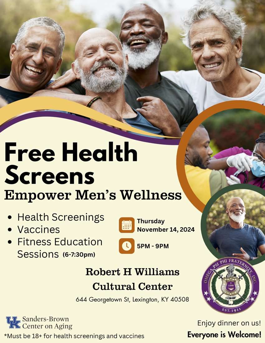 Happy Friday! The amazing Omega Psi Phi Fraternity Inc. is hosting a men's Brain Health &amp; Wellness event on November 14th from 5-9 pm at the Robert H Williams Cultural Center in Lexington! Please join us as there will be vendors and free health screenings available!