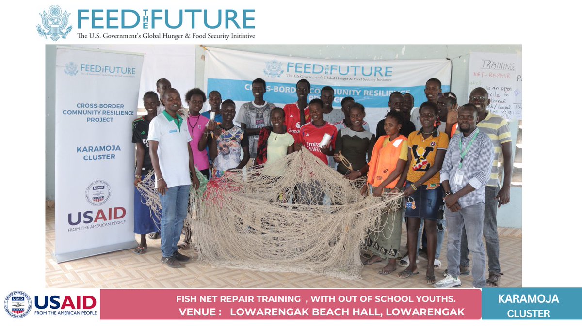 SAPCONE's tweet photo. [IN PICTURES] 
With the support of @USAID funding under @USAID Cross Border Community Resilience Activity. 

@SAPCONE facilitated 18 out of school youths from #Todonyang &amp; #Lowarengak to be trained on fish net repair skills. This is REAL youth skills empowerment.  @CBCResilience https://t.co/wMCy9bUF6q