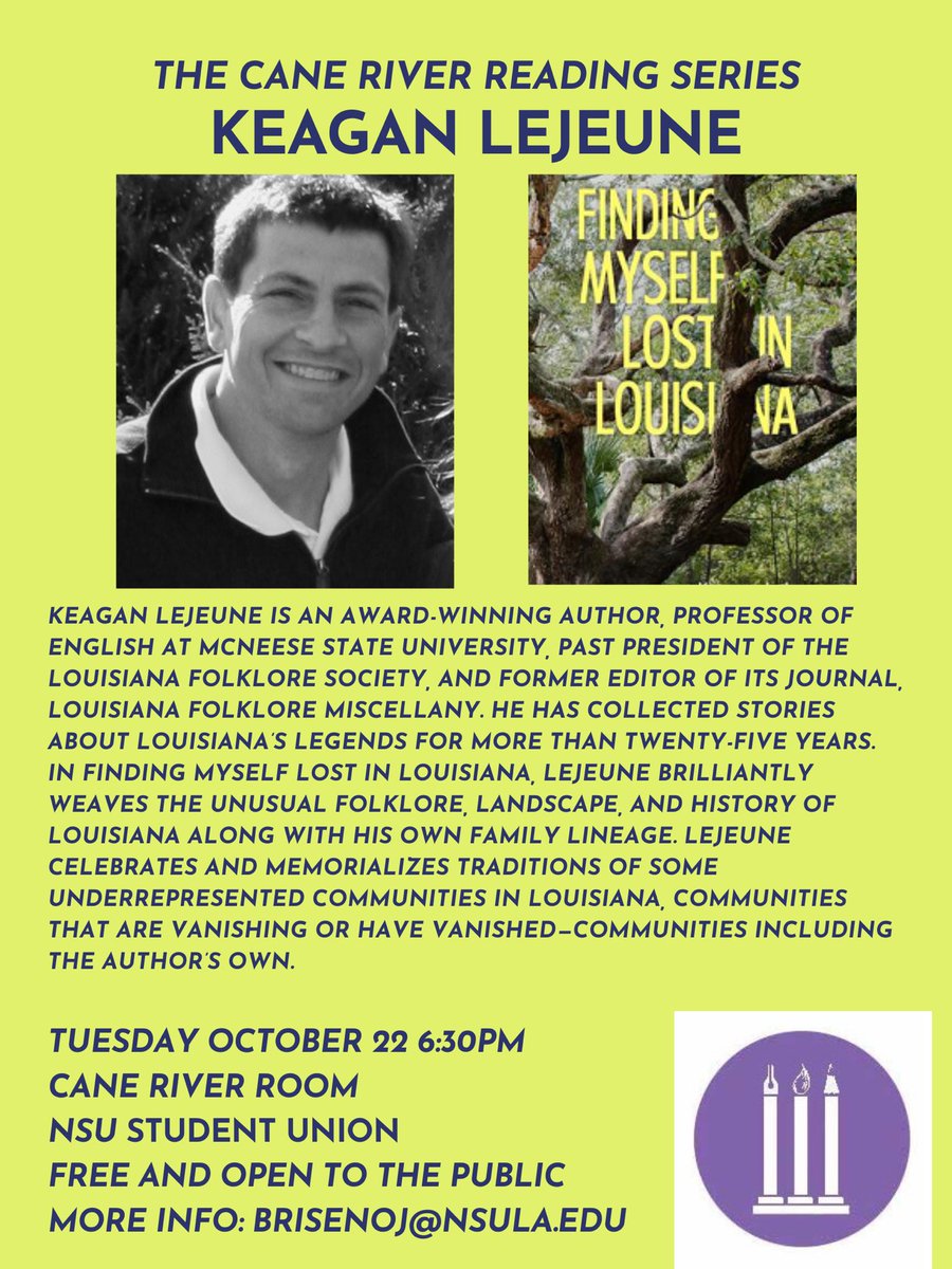 NSU_CW's tweet photo. Join us on Tuesday when Keagan Lejeune presents work as part of our Cane River Reading Series! Event details in the flier. #creativewriting #writingcommunity https://t.co/XrarlueTvz