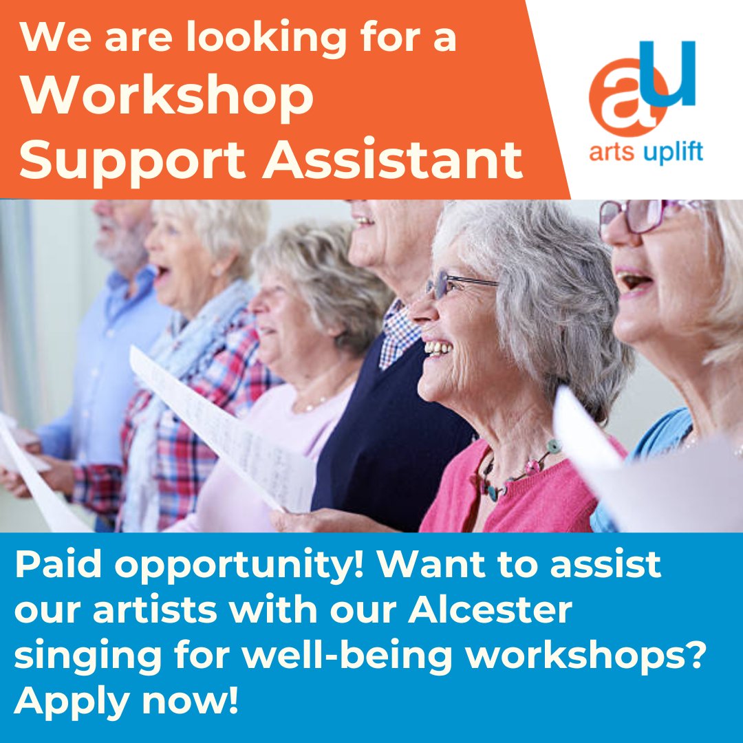 Artsuplift's tweet image. DEADLINE 4 NOV 2024
We are looking for an Assistant Workshop Support person to help with our Singing for Wellbeing workshops at Alcester library!
These sessions are funded by Music for All.
For info and to apply, please go to:
artsuplift.co.uk/opportunities/

#singing #workshopassistant