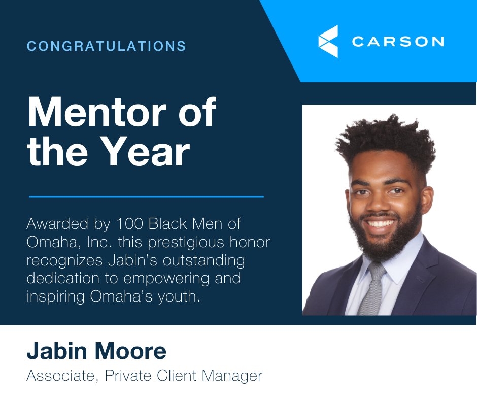 🎉 Huge congratulations to Jabin Moore, Associate, Private Client Manager, for being named the 2024 Mentor of the Year by 100 Black Men of Omaha, Inc.! This prestigious honor highlights Jabin’s unwavering dedication to empowering and inspiring Omaha’s youth. 👏

Jabin will be