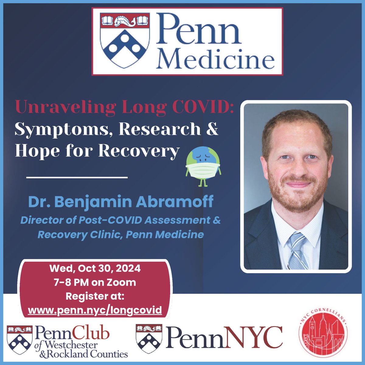 pennpmr's tweet photo. Curious about Long COVID? Want to explore what’s currently understood about this condition and learn about the latest research?  Pls join Penn and Cornell alumni for a virtual presentation by Dr. Abramoff on the symptoms of Long COVID, potential causes, and treatments available. https://t.co/GQeFR0rPpU