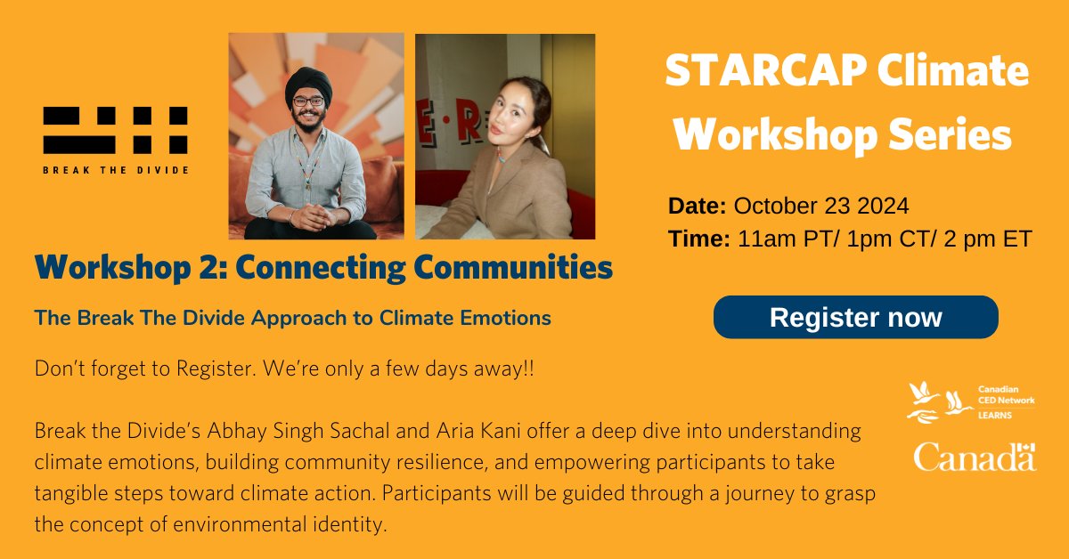 Canadian Community Economic Development Network (@ccednet_rcdec) on Twitter photo Abhay Singh Sachal & Aria Kani of <a href="/BreakTheDivide_/">Break The Divide</a> offer a deep dive into understanding #climateemotions & building #communityresilience to take tangible steps toward #climateaction. Join us on Oct 23 to grasp the concept of environmental identity.
ccednet-rcdec.ca/event/connecti… Abhay Singh Sachal & Aria Kani of <a href="/BreakTheDivide_/">Break The Divide</a> offer a deep dive into understanding #climateemotions & building #communityresilience to take tangible steps toward #climateaction. Join us on Oct 23 to grasp the concept of environmental identity.
ccednet-rcdec.ca/event/connecti…