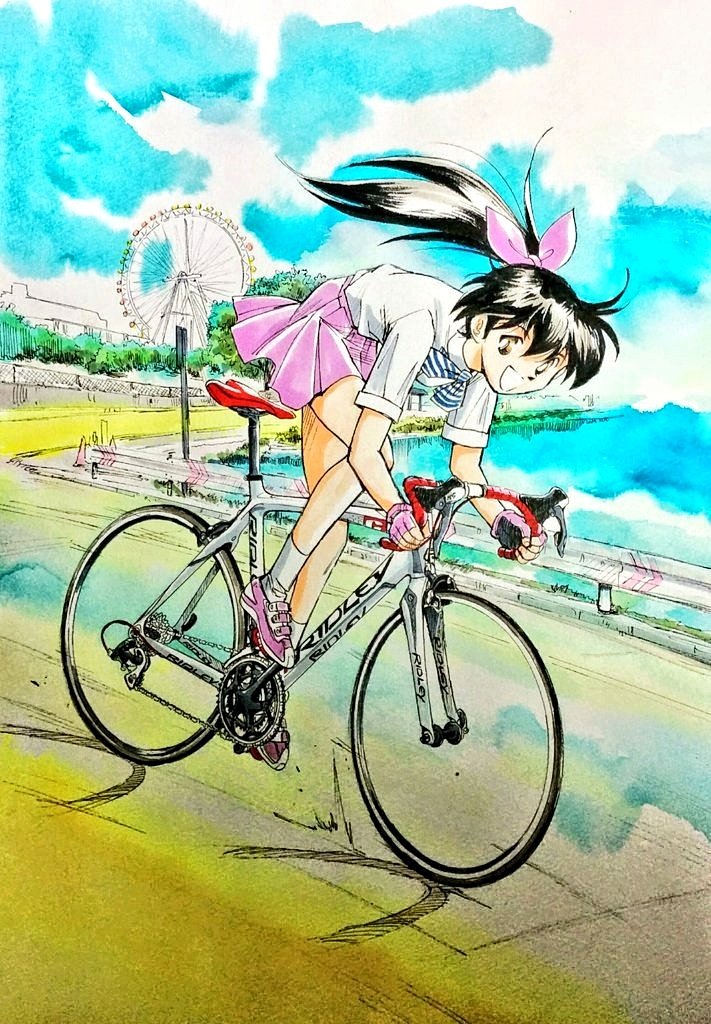 【宮尾岳ヒロインズ】
1999〜 ヤングキング連載開始
『並木橋通りアオバ自転車店』より
【峠アオバ】
小学4年生で「アタマん中の97%が自転車」の
サイクルエンジェル(自称)
アオバ自転車店のカンバン娘。
自転車は大好きだが
無灯火運転は大っキライ。
時々、作者の都合でオトナ化する。