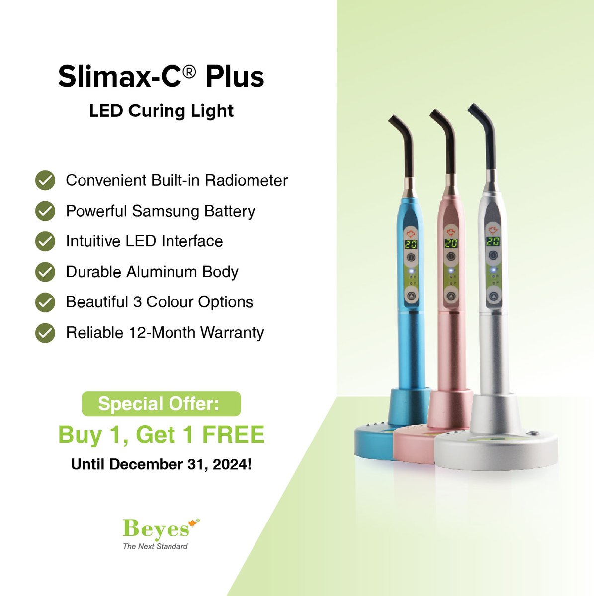 Get precise curing times every time with the built-in instant radiometer. Powered by a class-leading Samsung Lithium-ion battery, it delivers up to 850 cures per charge with a powerful output of up to 2000 mW/cm².

Special Offer: Buy 1, Get 1 FREE until December 31!