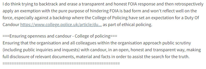 UAVHive's tweet image. I can&apos;t believe the sh#t I get dealt on FOIA sometimes.

Tonight, I&apos;ve got Leicestershire Police asking me to help them conceal a truthful FOIA response so they can replace it with a response incorrectly applying an exemption.

NO F#CKING CHANCE!