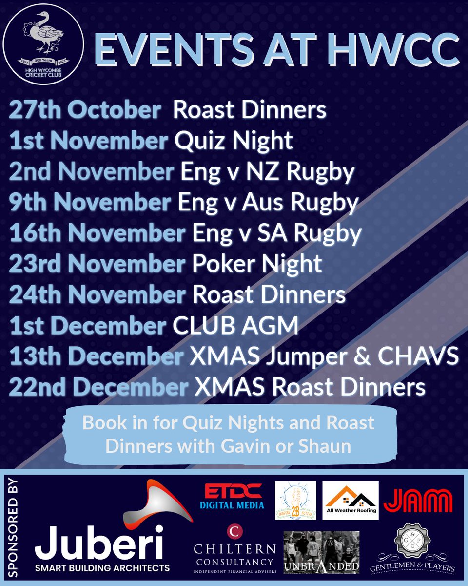 Dates for your diary of upcoming events at HWCC!