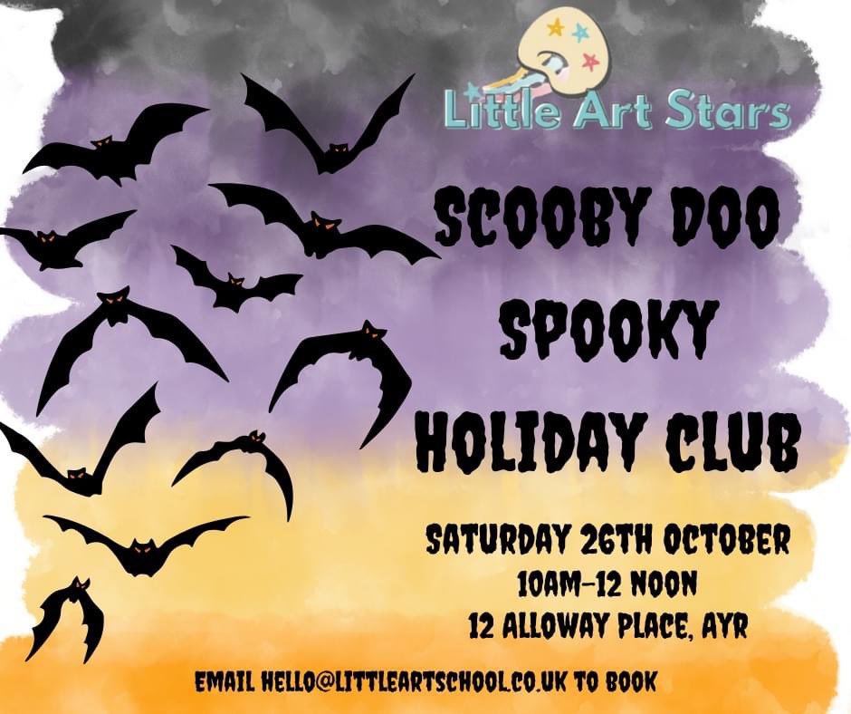 LittleArtStars's tweet photo. Our Halloween Holiday Club is coming soon and it's going to be spooktacular!

Location: Our Ayr studio, 12 Alloway Place, Ayr.
Date: Saturday 26th October.
Time: 10am-12noon.
Cost £20
Email hello@littleartschool.co.uk to book. https://t.co/1QLhE3T7q2
