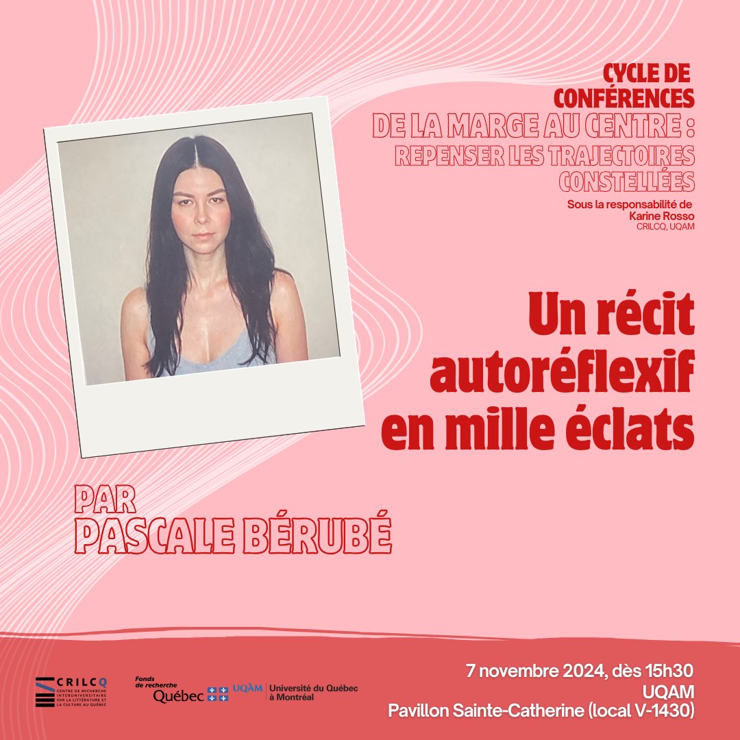 crilcq's tweet photo. 🧩[CONFÉRENCE] Karine Rosso (cochercheuse CRILCQ, UQAM) reçoit Pascale Bérubé qui donnera la conférence « Un récit autoréflexif en mille éclats ».

📅7 novembre 2024, dès 15h30
📍UQAM

Plus d'info👇
https://t.co/WmmVU10ab6

#CommunautéFRQ #conference #littqc #cultureQc #marge https://t.co/eH3Q8t5dDW