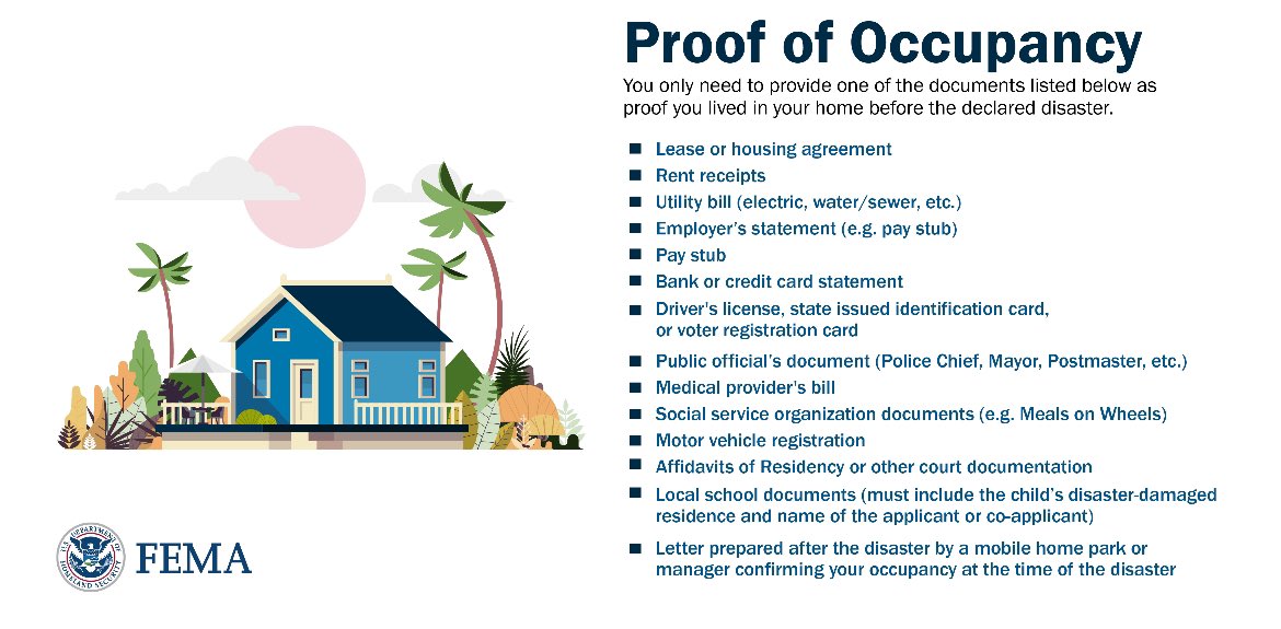 FEMA (@fema) on Twitter photo If you're a homeowner applying for disaster assistance, you must provide documentation that proves your ownership of the damaged primary residence.
If you need guidance on how to provide proof of ownership & occupancy, you have options: fema.gov/assistance/ind…
#Helene
#Milton If you're a homeowner applying for disaster assistance, you must provide documentation that proves your ownership of the damaged primary residence.
If you need guidance on how to provide proof of ownership & occupancy, you have options: fema.gov/assistance/ind…
#Helene
#Milton