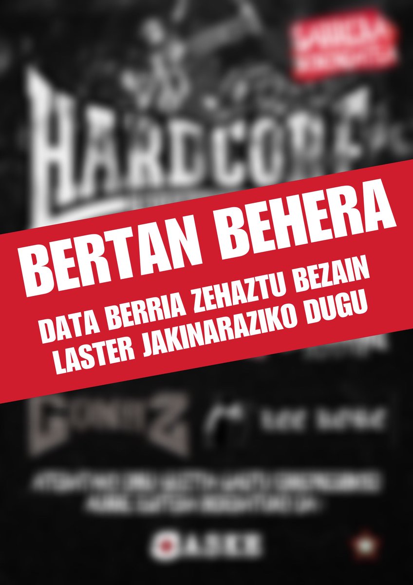 Gipuzkoa_Jardun's tweet photo. Urriaren 26an Andoaingo Gaztetxean antolatuta zeuden Hardcore Kontzertuak bertan behera gelditzen dira.

Data berri bat zehaztu bezain laster jakinaraziko dugu.

Barkatu eragozpenak. https://t.co/qYmRcWtUax