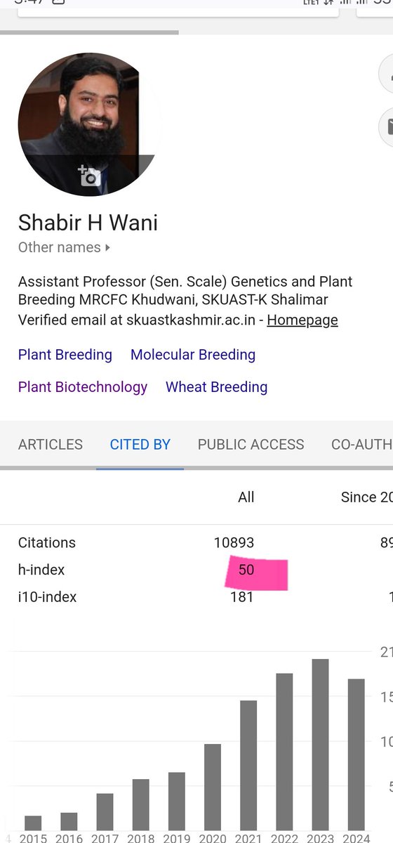 Shabir Hussain Wani (@shabirwani20) on Twitter photo Pleased to share that my H index crossed the milestone of 50 !!!!! today <a href="/WheatInitiative/">Wheat Initiative</a> <a href="/BISA__India/">Borlaug Institute for South Asia</a> <a href="/globalrust/">Borlaug Global Rust Initiative</a> <a href="/plantstress2050/">Plant abiotic stress</a> <a href="/FrontPlantSci/">Frontiers - Plant Science</a> <a href="/SpringerNature/">Springer Nature</a> <a href="/wileyplantsci/">Wiley Plant Science</a> <a href="/ElsevierConnect/">Elsevier</a> <a href="/GenScientists/">Next Gen Scientists Foundation</a> <a href="/tandfonline/">Taylor & Francis Research Insights</a> <a href="/BSP_HighImpact/">Bentham Science</a> <a href="/CropTrust/">The Crop Trust</a> <a href="/IcarIiwbr/">ICAR- Indian Institute of Wheat & Barley Research</a> @sku Pleased to share that my H index crossed the milestone of 50 !!!!! today <a href="/WheatInitiative/">Wheat Initiative</a> <a href="/BISA__India/">Borlaug Institute for South Asia</a> <a href="/globalrust/">Borlaug Global Rust Initiative</a> <a href="/plantstress2050/">Plant abiotic stress</a> <a href="/FrontPlantSci/">Frontiers - Plant Science</a> <a href="/SpringerNature/">Springer Nature</a> <a href="/wileyplantsci/">Wiley Plant Science</a> <a href="/ElsevierConnect/">Elsevier</a> <a href="/GenScientists/">Next Gen Scientists Foundation</a> <a href="/tandfonline/">Taylor & Francis Research Insights</a> <a href="/BSP_HighImpact/">Bentham Science</a> <a href="/CropTrust/">The Crop Trust</a> <a href="/IcarIiwbr/">ICAR- Indian Institute of Wheat & Barley Research</a> @sku