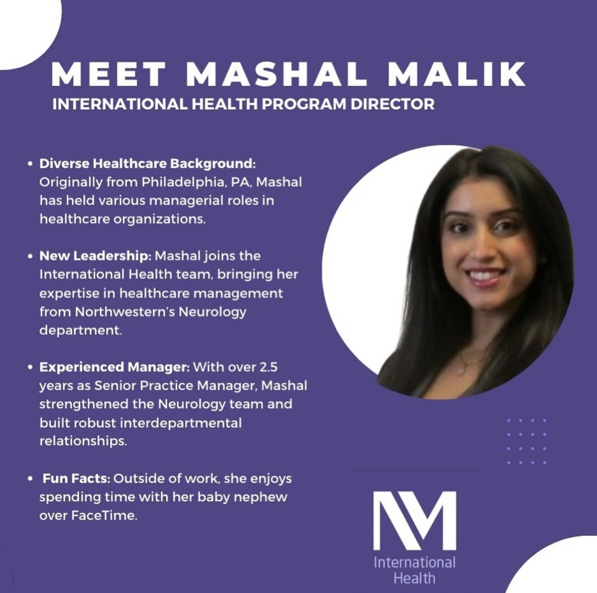Northwestern Medicine International Health (@nmintlhealth) on Twitter photo We are thrilled to welcome Mashal Malik as our new Program Director of our International Health department #InternationalHealth #NewLeadership #HealthcareInnovator #GlobalImpact #Welcome #NMBetter <a href="/NorthwesternMed/">Northwestern Medicine</a> We are thrilled to welcome Mashal Malik as our new Program Director of our International Health department #InternationalHealth #NewLeadership #HealthcareInnovator #GlobalImpact #Welcome #NMBetter <a href="/NorthwesternMed/">Northwestern Medicine</a>