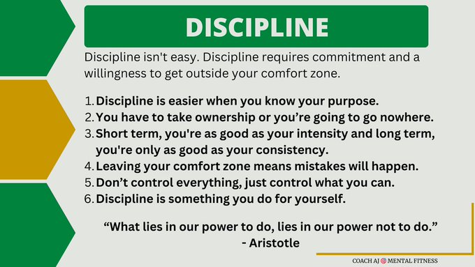 Lou Holtz said, "Without self-discipline, success is impossible, period."

Discipline means holding yourself accountable.
• It means prioritizing.
• It means doing the work.
• It means making tough choices.

6 Facts about Building Discipline👇