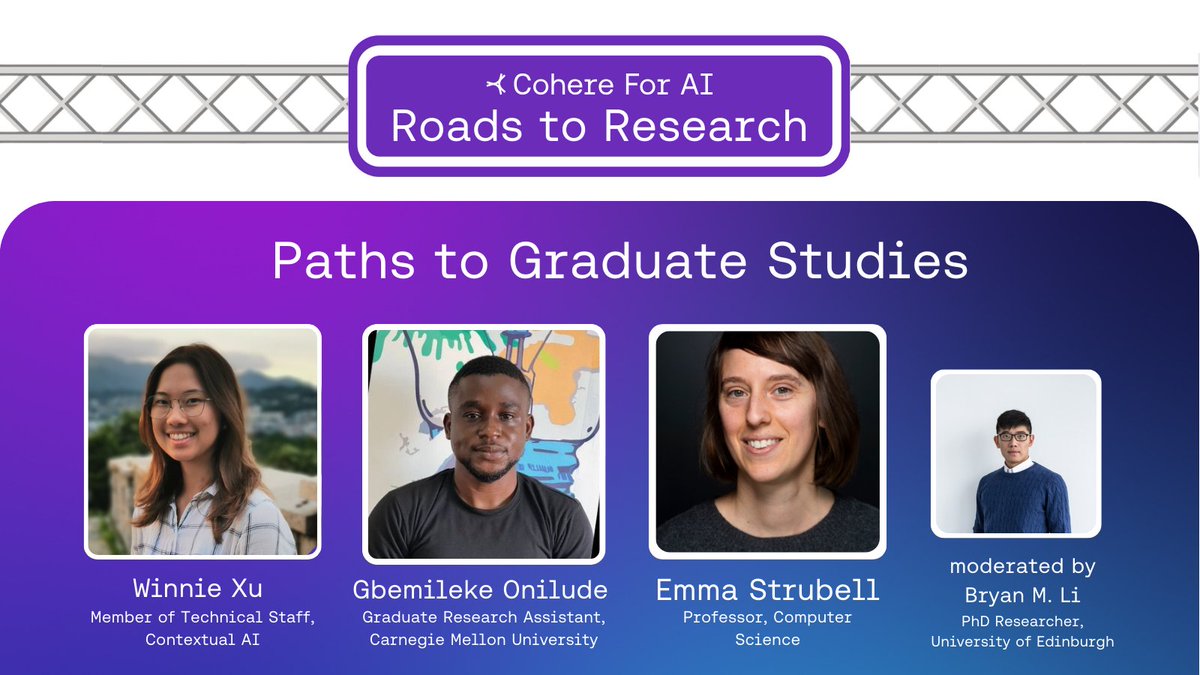 Cohere Labs (@cohere_labs) on Twitter photo Did you miss our last 🛣️ Roads to Research session with <a href="/bryanlimy/">Bryan M. Li</a>, <a href="/lekeonilude/">Leke Onilude</a> and <a href="/strubell/">Phil Strubell</a>?
Catch up on paths to graduate studies with these guest speakers now on our channel or podcast! ✨ Did you miss our last 🛣️ Roads to Research session with <a href="/bryanlimy/">Bryan M. Li</a>, <a href="/lekeonilude/">Leke Onilude</a> and <a href="/strubell/">Phil Strubell</a>?
Catch up on paths to graduate studies with these guest speakers now on our channel or podcast! ✨