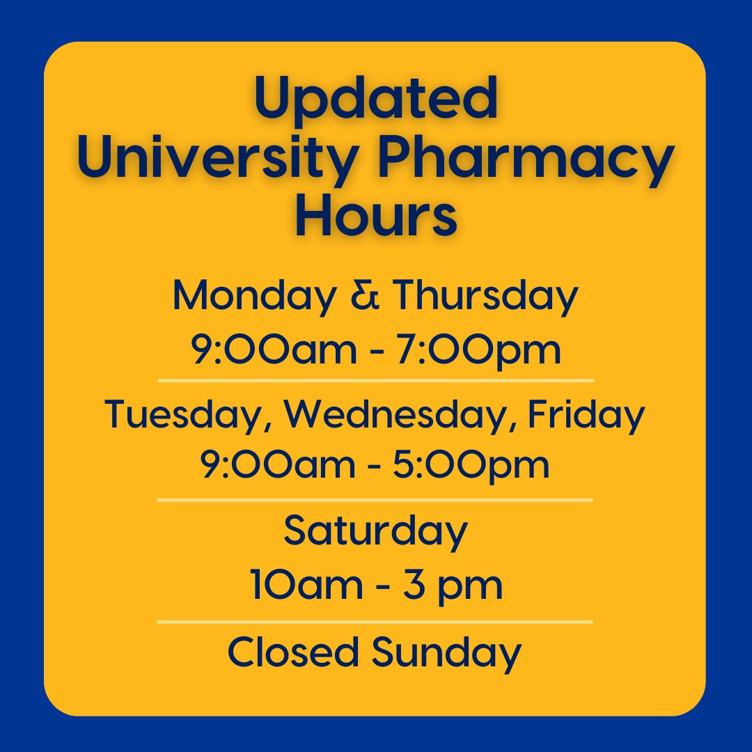 SHSPitt's tweet photo. 🚨 Pharmacy Hours Update! 🚨

The University Pharmacy is now open from 9AM - 7 PM Monday &amp; Thursday, and 9 AM - 5 PM Tuesday, Wednesday, and Friday, and 10 AM - 3 PM on Saturdays. They'll be closed on Sundays. Be sure to plan your visits accordingly! 💊 https://t.co/XvMDDn1iOR