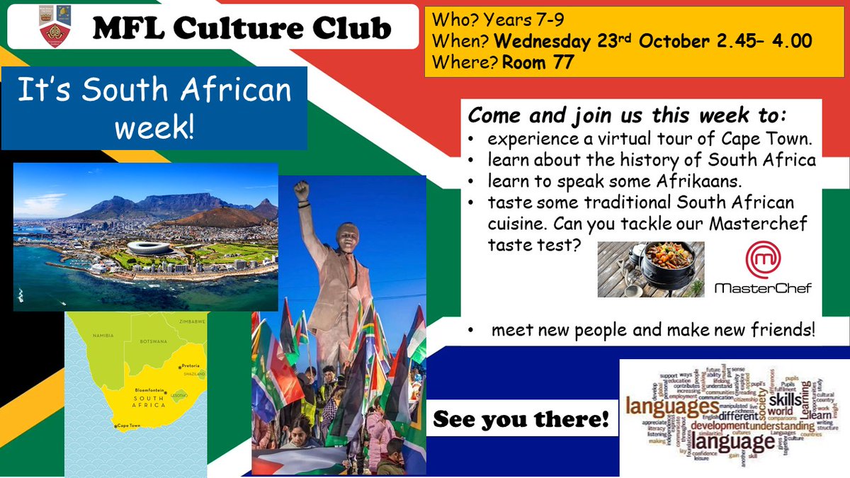 🌍✨ Join the Wade Deacon Culture Club! This Wed, 23rd Oct, 2:45-4:00 PM in Room 77. Special guest Miss van Schoor will take us on a journey through her hometown, Cape Town 🇿🇦. Don’t miss it! #CultureClub #WadeDeacon #CapeTown 🌍✨
