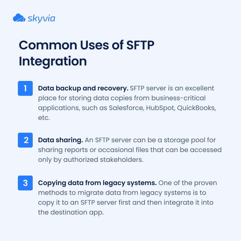 SkyviaService's tweet image. 🗂️🗂️ Discover the key differences, advantages, and use cases for each method to make the best choice for your data integration needs. Check out our latest infographic.
#SFTP #API #dataintegration #dataimport #skyvia