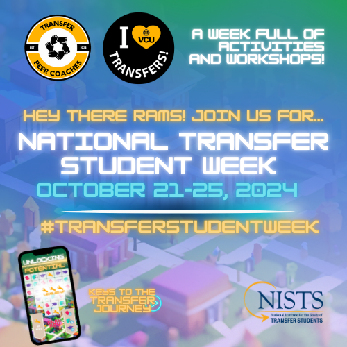 VCUTransfer's tweet photo. NATIONAL TRANSFER STUDENT WEEK IS OCTOBER 21-25!

Join us for a fun week filled with events and activities, especially for you!

All events are listed in RamsConnect with the tag "Nat'l Transfer Student Week." https://t.co/tZMROeKO01