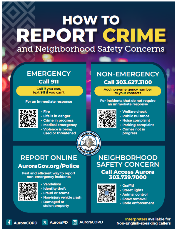 AuroraPD's tweet photo. Do you know the best way to report a crime or community concern? 👇

APD’s Community Relations Section developed the below resource guide to help community members quickly find information on reporting crime and neighborhood safety concerns!

This guide helps to understand what types of calls are best handled through 911, and what types of calls can be addressed through a non-emergency contact. The QR codes listed provide additional information.

The Aurora Police Department always encourages you to report crime or suspicious behavior. 

#CommunityCommitment #SaferAurora