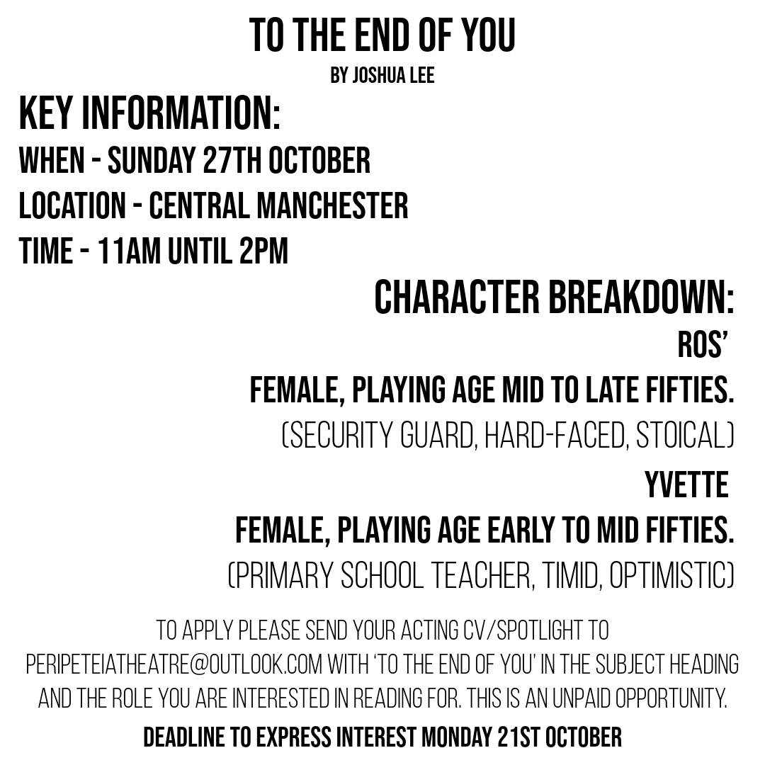 Fit the role(s)? Why not drop us an email at peripeteiatheatre@outlook.com 

Deadline to apply is this Monday!

#actor #actorcallout #callout #networkingopportunity #theboilerroom