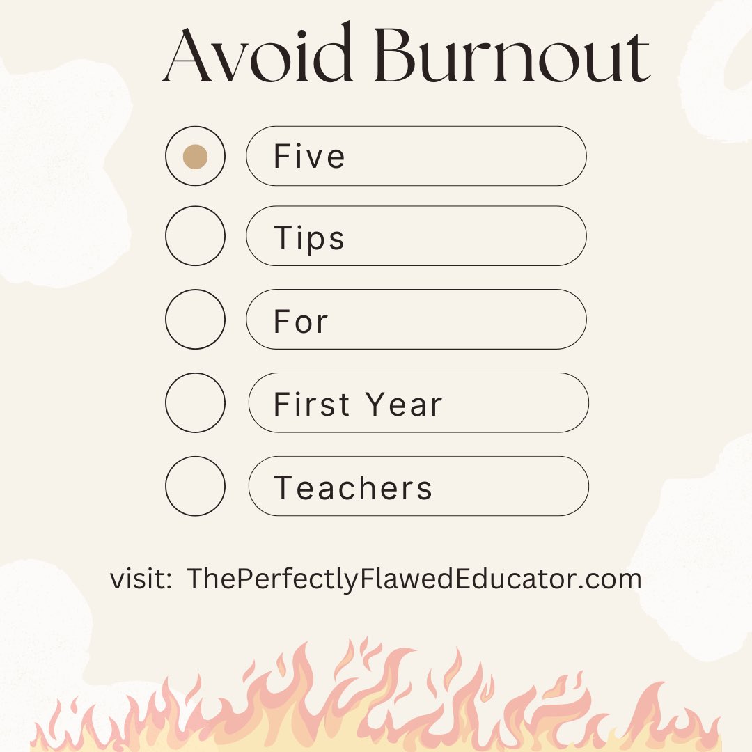 TheFlawedEd's tweet image. First-year teacher? Avoid burnout with these tips:
🎯 Set realistic expectations
🧘‍♀️ Prioritize self-care
🙅‍♂️ Learn to say no
🤝 Build a support system
🔄 Reflect &amp;amp; adjust
You’ve got this! 💪 #FirstYearTeacher #TeacherBurnout #EduSupport #TeacherWellBeing