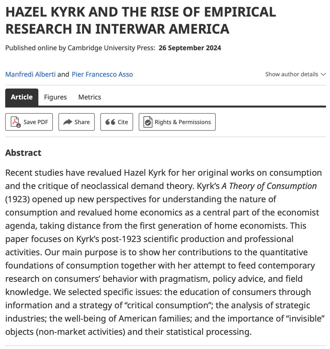 A good paper on Hazel Kyrk's then new theoretical and empirical  perspective on consumption `

by Manfredi Alberti and Francesco Asso

cambridge.org/core/journals/…