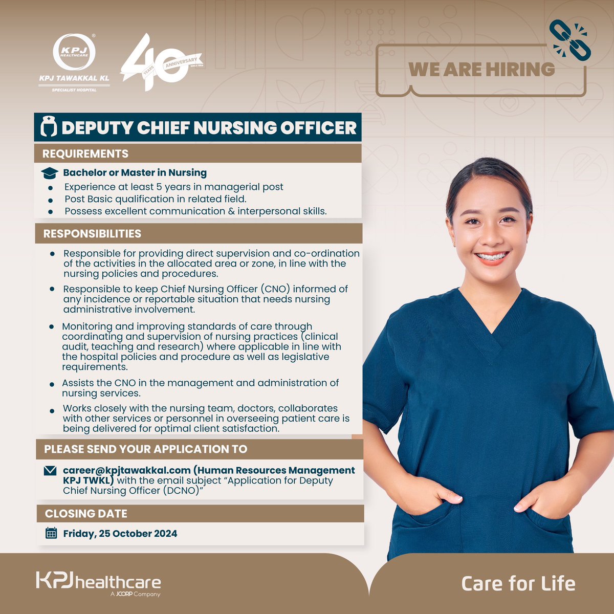 KPJ Tawakkal KL Official (@kpjtawakkal_kl) on Twitter photo WE ARE HIRING!
We invite qualified and dedicated candidates to join our team!
Please send your application to our Human Resources Services: career@kpjtawakkal.com
For more info, kindly contact our Human Resources at 03-4032 9020 / 9021 / 9026.
#Vacancy2024
#KPJTawakkalKL WE ARE HIRING!
We invite qualified and dedicated candidates to join our team!
Please send your application to our Human Resources Services: career@kpjtawakkal.com
For more info, kindly contact our Human Resources at 03-4032 9020 / 9021 / 9026.
#Vacancy2024
#KPJTawakkalKL