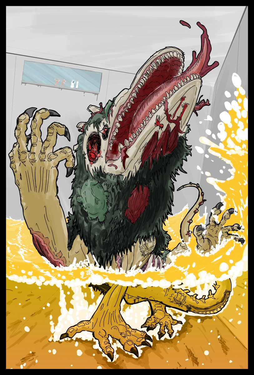 Mr_Cool_Gamer's tweet photo. This week's sketchclub was favourite monsters! Classic ol' #SCP -682, the Hard to Destroy Reptile taking a dip in hydrochloric acid. https://t.co/KsSDEuzupZ