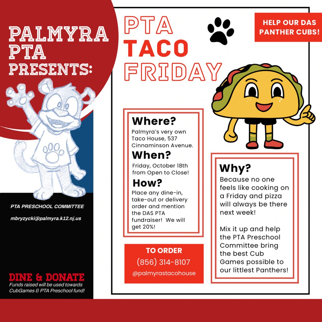 lsaboPHS's tweet image. Taco House Dine &amp;amp; Donate fundraiser is today 11am-10pm! This new business on Cinnaminson Ave supports our DAS Panther Cubs today!  Dine-In, TakeOut, Delivery: When ordering-remember you  must mention the fundraiser for the fund to get credit. #PTATacoFriday #DASCubsLoveTacos