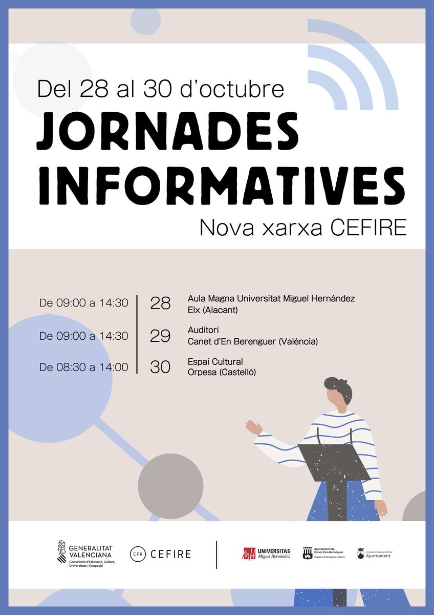 GVA_Cefire's tweet photo. 🗓️ Del 28 al 30 d'octubre, Jornades Informatives sobre la Nova Xarxa #CEFIRE a Castelló, València i Alacant 🔊
✅ Es prega formalitzar la inscripció d'una persona per centre educatiu en els següents enllaços ⏬ https://t.co/36xtRqCuOQ