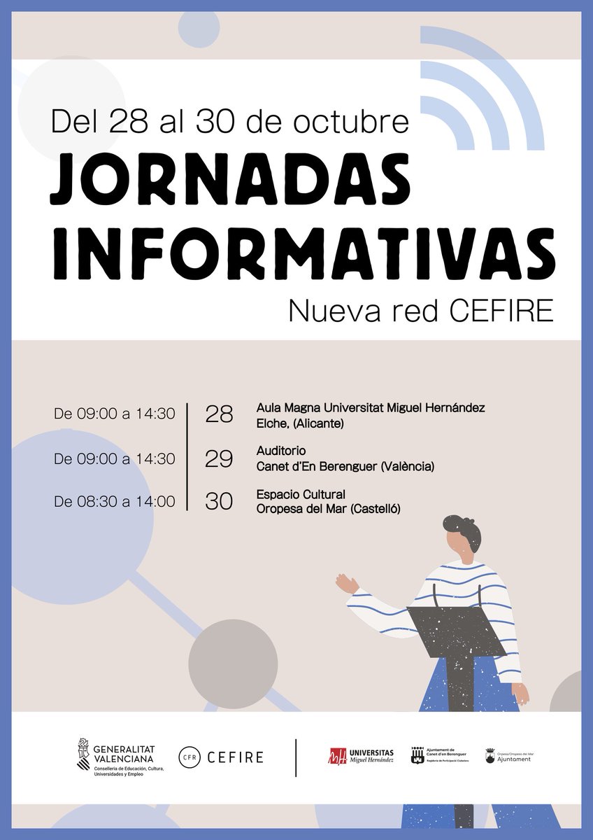 GVA_Cefire's tweet photo. 🗓️ Del 28 al 30 d'octubre, Jornades Informatives sobre la Nova Xarxa #CEFIRE a Castelló, València i Alacant 🔊
✅ Es prega formalitzar la inscripció d'una persona per centre educatiu en els següents enllaços ⏬ https://t.co/36xtRqCuOQ
