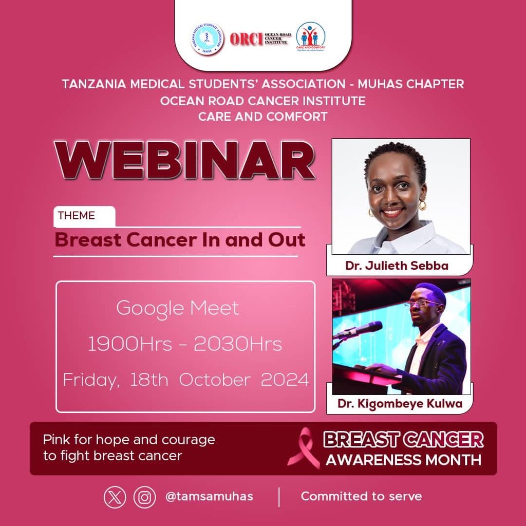 Julieth Sebba Bilakwate, MD (@juliethsebbamd) on Twitter photo Few hour later I’ll join @Dr_kigombeye on a session prepared by <a href="/TamsaMuhas/">TAMSA MUHAS</a> to talk through #BreastCancer.
1900hrs
Link; meet.google.com/big-hgkh-kjw
Looking forward to engage with you!
#PinkOctober Few hour later I’ll join @Dr_kigombeye on a session prepared by <a href="/TamsaMuhas/">TAMSA MUHAS</a> to talk through #BreastCancer.
1900hrs
Link; meet.google.com/big-hgkh-kjw
Looking forward to engage with you!
#PinkOctober