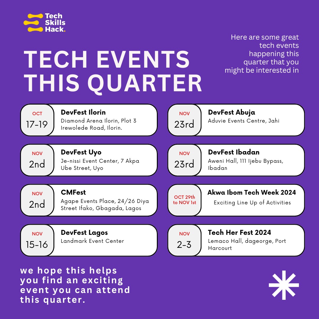 techskillshack's tweet photo. Are you ready to take your tech skills to the next level? This quarter is packed with exciting tech events across Nigeria that offer opportunities to learn, network, and grow.
#tech #techevent #devfestlagos #TechCommunity #cmfest #akwaibomtechweek #devfestibadan #devfestabuja https://t.co/qG9qmfyYsL
