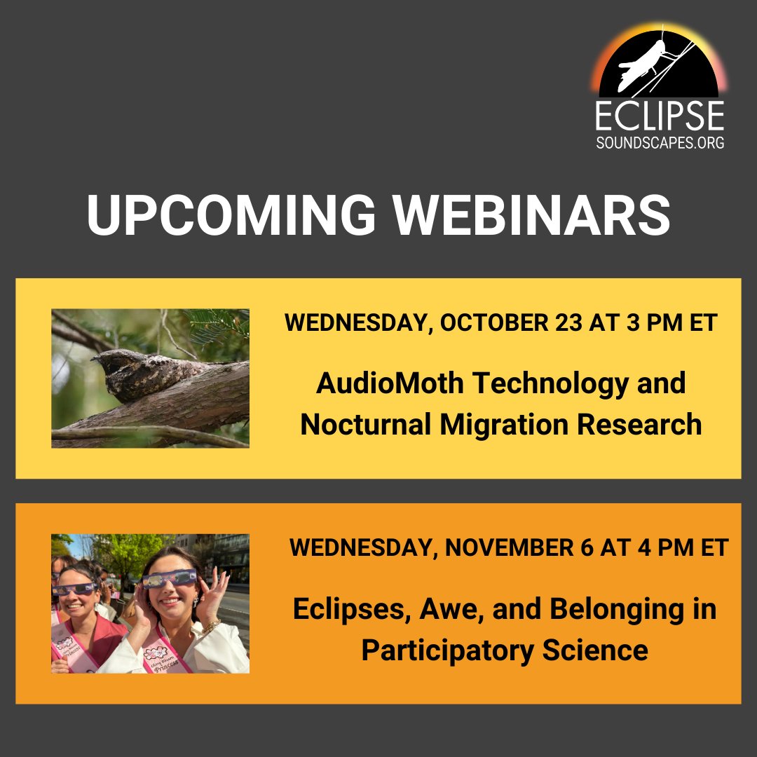 Eclipse Soundscapes (@eclipsesoundudl) on Twitter photo Don't miss these upcoming webinars from Eclipse Soundscapes and special guests! Learn more about research based on Eclipse Soundscapes data and find out where your donated AudioMoths are off to next. To register, visit EclipseSoundscapes.org Don't miss these upcoming webinars from Eclipse Soundscapes and special guests! Learn more about research based on Eclipse Soundscapes data and find out where your donated AudioMoths are off to next. To register, visit EclipseSoundscapes.org