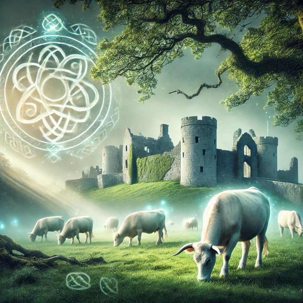 Druidshaven's tweet photo. For #FolkyFriday, letโs explore the legend of the White Cattle of Dinefwr. Sacred and ghostly white, these mystical cattle are said to bring prosperity and protect the land around Dinefwr Castle. Their presence still whispers through the ancient grounds. #WelshMyth #DinefwrCastle https://t.co/8ym1ueEyp7