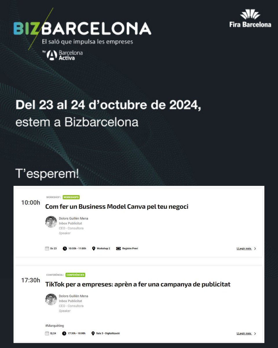Dolors_guillen's tweet photo. 💡Tens una empresa o una idea de negoci? ⁣⁣

🎤Aquest any estaré al @bizbarcelona  fent un workshop sobre 𝐁𝐮𝐬𝐢𝐧𝐞𝐬𝐬 𝐌𝐨𝐝𝐞𝐥 𝐂𝐚𝐧𝐯𝐚 i una ponència sobre 𝐓𝐢𝐤 𝐓𝐨𝐤. ⁣⁣

Inscriu-te a les sessions i comença a enlairar-te! 🚀
✏️https://t.co/KDnX1D8aFq #empresa https://t.co/W5uKkDWVVN