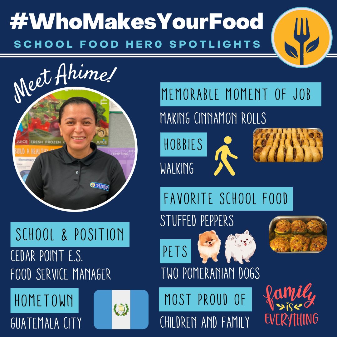 Meet Ahime Hernandez, our Food Service Manager at <a href="/CPES_Cheetahs/">Cedar Point Elementary School</a>! Ahime has been #ServingTheFuture at <a href="/PWCSNews/">PWCS</a> for over 11 years!! 

#WhoMakesYourFood #SchoolLunchHeroes #WeServeTheFuture #NoKidHungry #SchoolLunch