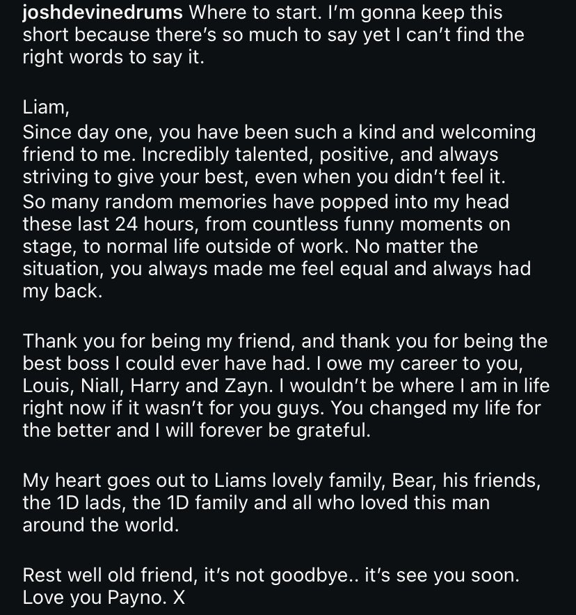 eversincemanila's tweet photo. Josh’s (1D’s drummer), Sandy’s (1D’s bass), and Jon’s (1D’s pianist) tributes to Liam via Instagram post ☹️💔 https://t.co/8zVAUHAO6r