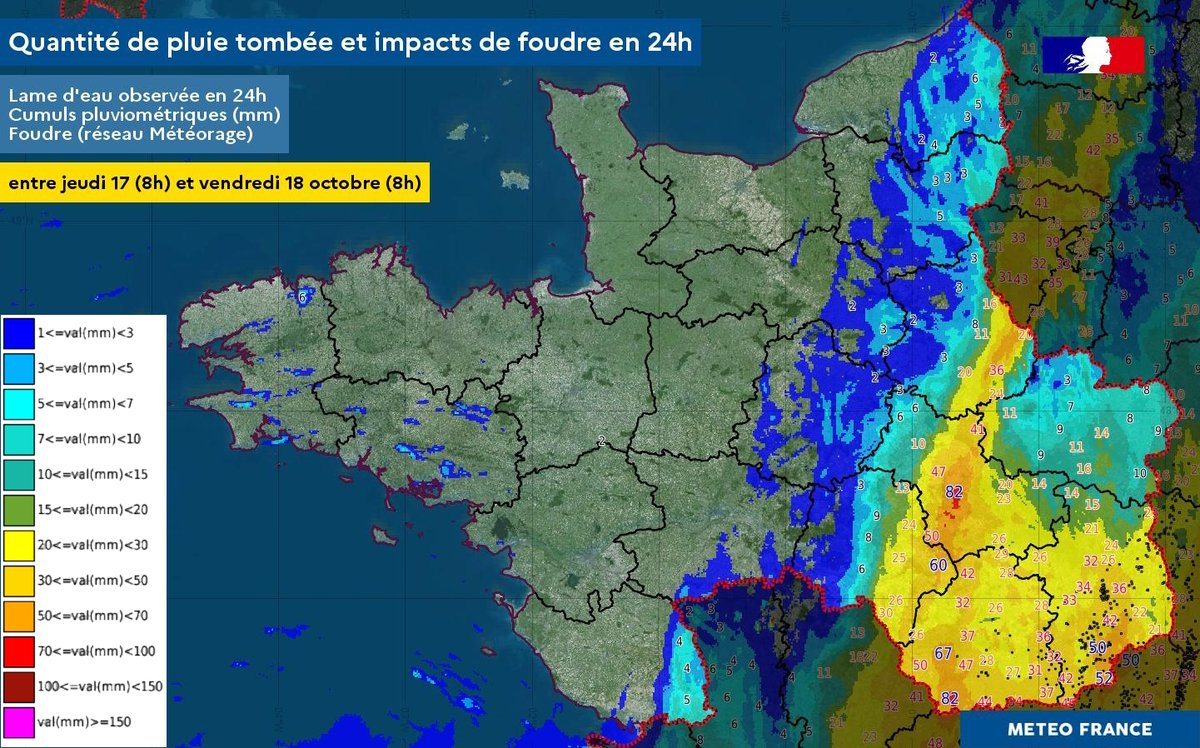 MeteoFrance_O's tweet photo. Bilan des #pluies tombées entre jeudi 8h et vendredi 8h :
▶️ environ 80 mm en 24h à #Chaillac (36) et @villedeblois (41) (avec des intensités pluvieuses entre 5 et 20 mm/h en soirée).
Restez informés sur https://t.co/DmFQwi3dce et sur https://t.co/0qTEObgYjm. https://t.co/tkGlY875jj