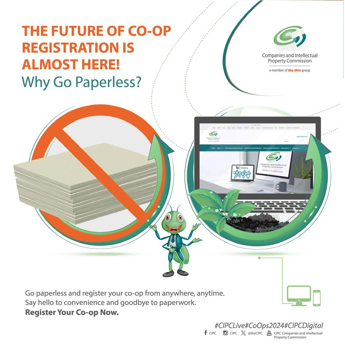 theCIPC's tweet image. Go paperless with CIPC! 

Register your co-op from anywhere, anytime, and leave paperwork behind. Get started with the convenience of digital registration today. 
#GoPaperless #CoOpRegistration 
#DigitalEase 
#YourBusinessOurFocus