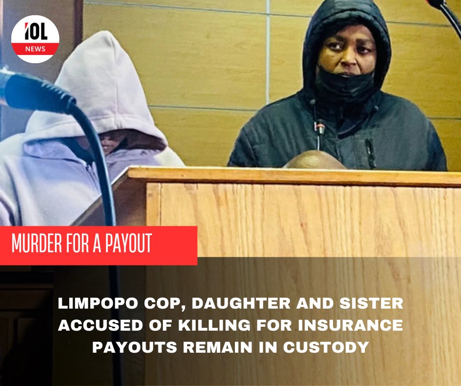 IOL's tweet photo. The case against a police woman, her daughter and sister, arrested on charges of allegedly running a murder for insurance money payment racket, has been postponed later this month for a bail application.
https://t.co/40c3iEU9tj
#news #crime #murder #InsurancePayout #bailapplication #postponed