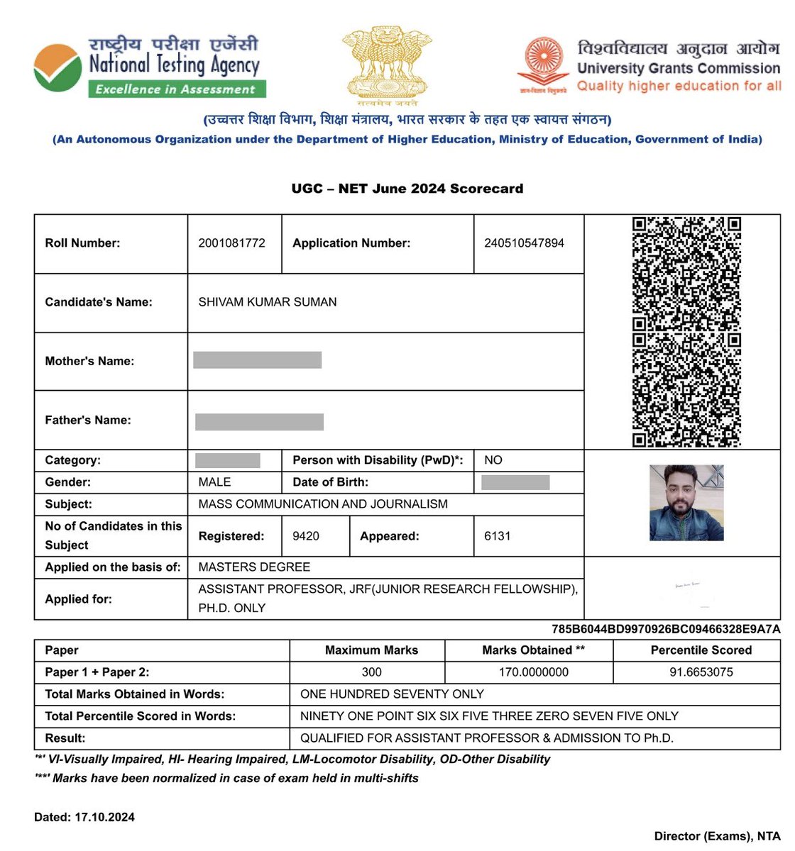 Shiivam___'s tweet photo. ईश्वर की कृपा से Journalism and Mass Communication में UGC- NET क्वालीफाई हुए।😇 https://t.co/z7s84skwqd