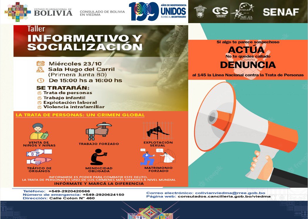 ConsuladoViedma's tweet photo. INVITACIÓN A JORNADAS DE TALLER INFORMATIVO DIRIGIDO A LA PREVENCION Y SU ASISTENCIA AL DELITO DE TRATA - VIOLENCIA DE GENERO O INTRA FAMILIAR Y EXPLOTACION LABORAL, EN CIUDAD  ALLEN Y CINCO SALTOS DE LA PROVINCIA RIO NEGRO.-
#cancilleriadebolivia https://t.co/NOodCpV2an